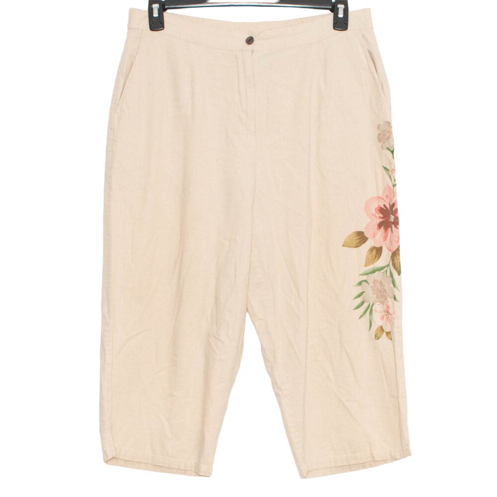 Vintage Pants Linen Capri Floral Cottage Grandma Retro Boho Coquette Tan Large